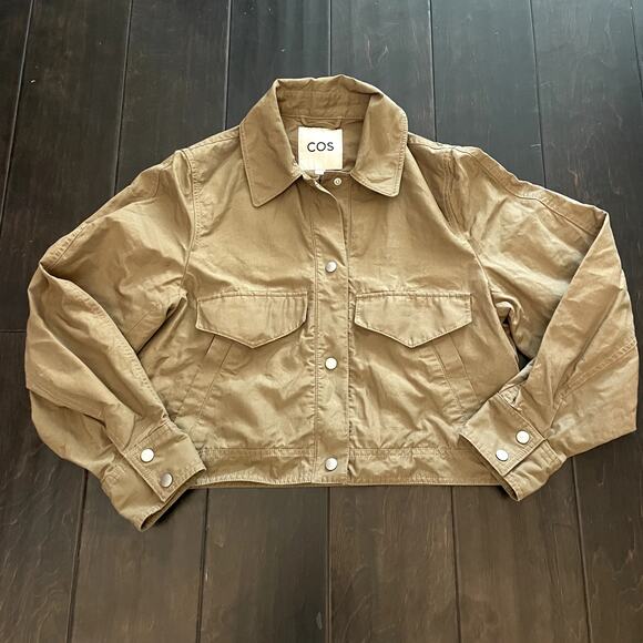 COS Linen Blend Twill Snap Button Crop Jacket Olive Green Women's Size 6 - Picture 3 of 7
